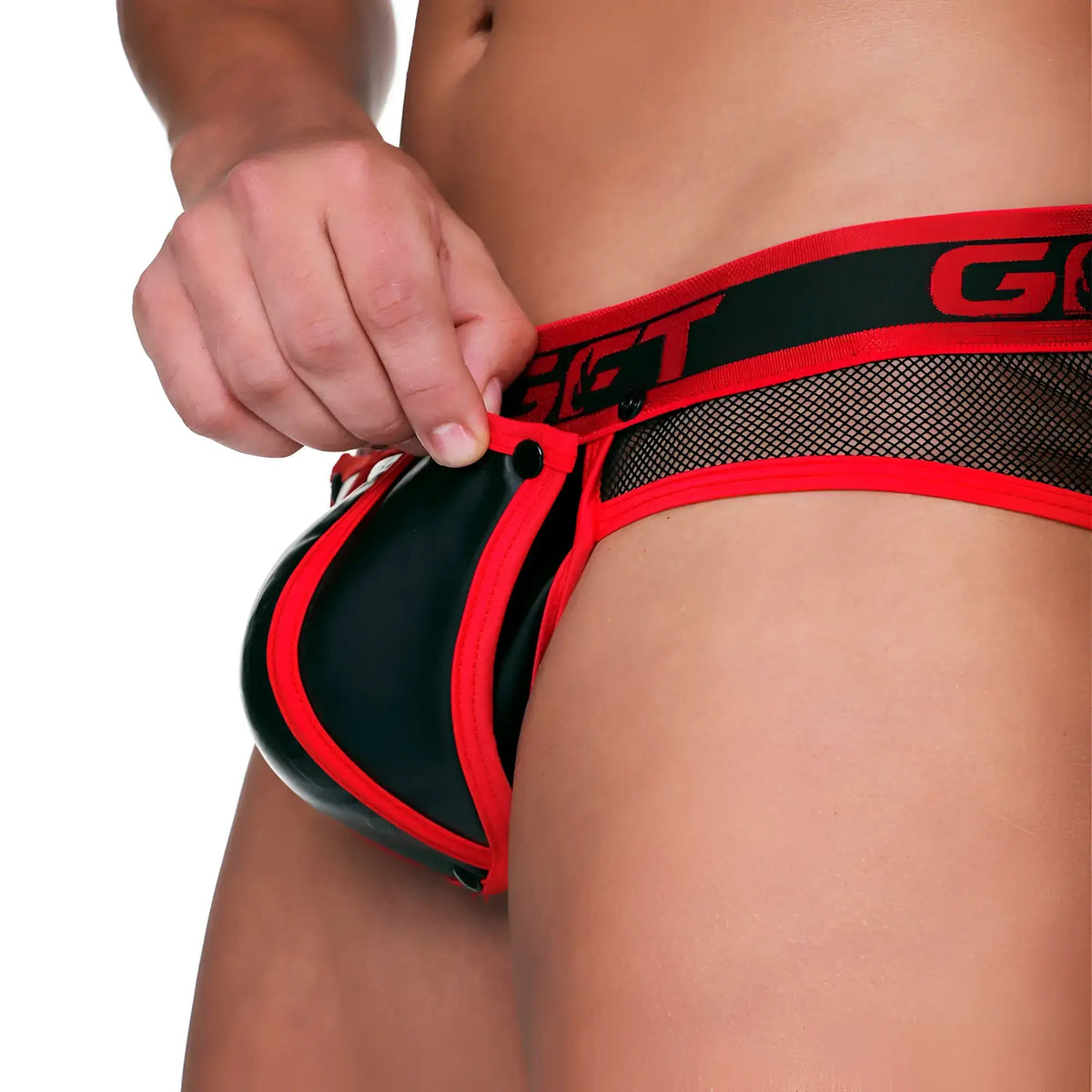 Red and black gigo fetish brief with ggt branding mesh panel and glossy finish for edgy style and comfort