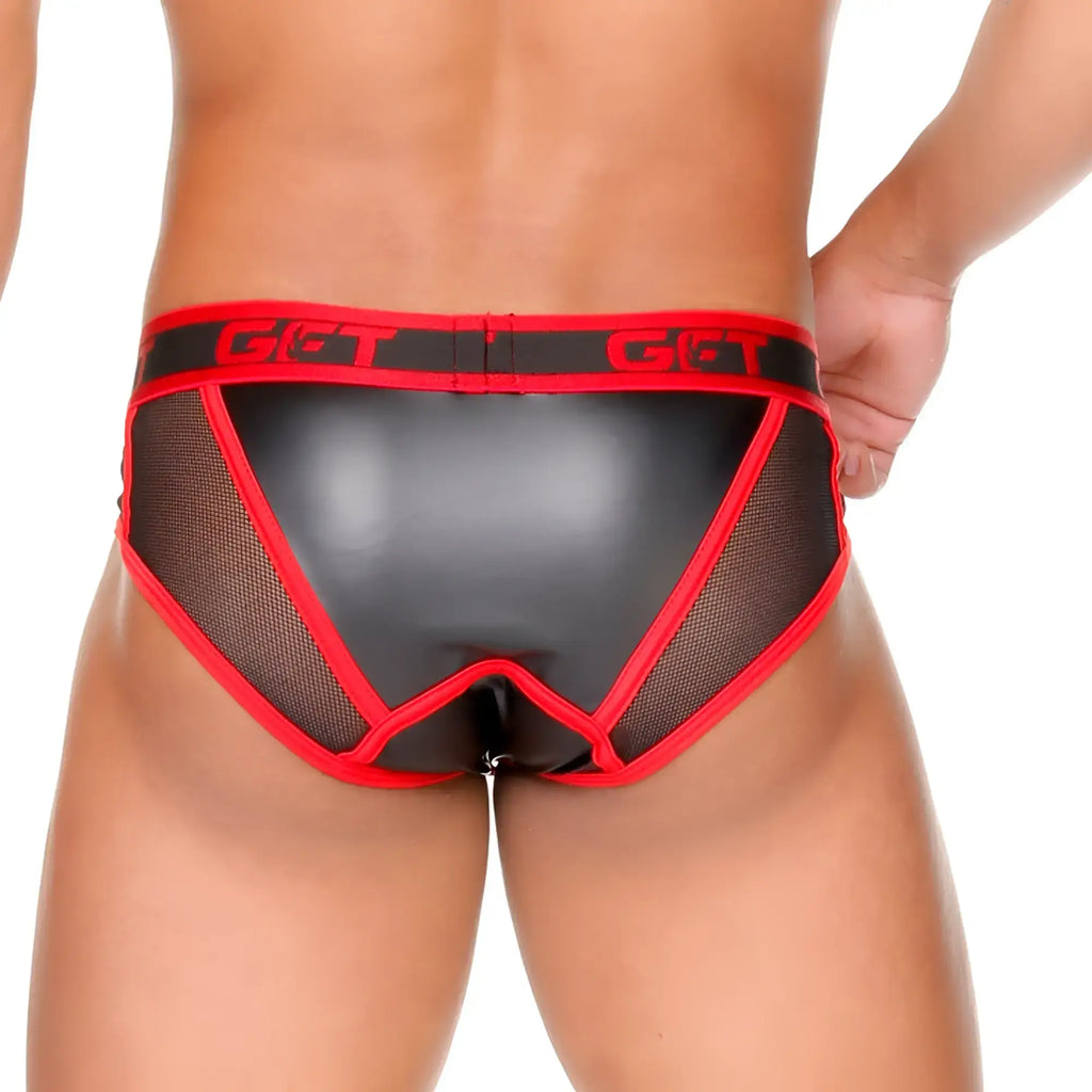 Black and red mesh Gigo Fetish brief with glossy black center panel and bold gct branded waistband
