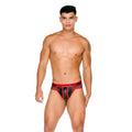 Black and red leather-trimmed menÃ¢â‚¬â„¢s briefs with a bold modern design from gigo fetish red brief collection