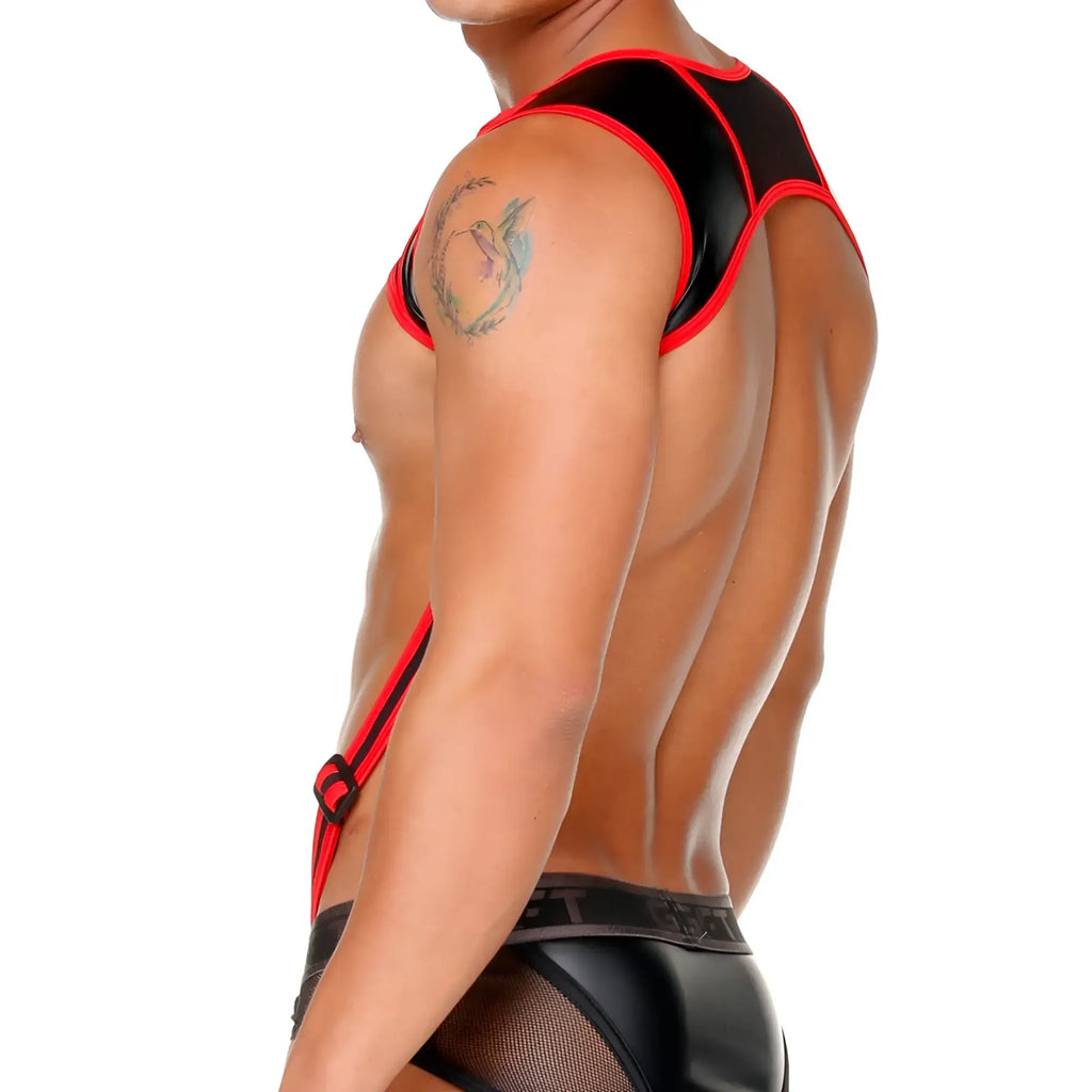 Black and red latex harness top with mesh paneling from gigo fetish red harness collection