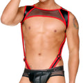 Black and red mesh harness top with faux leather straps designed for fetish wear by gigo
