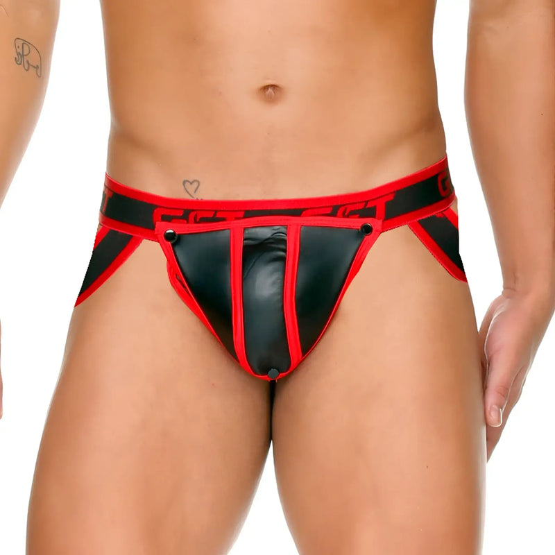 Black and red leather-trimmed gigo fetish red jockstrap menÃ¢â‚¬â„¢s briefs with bold angular design