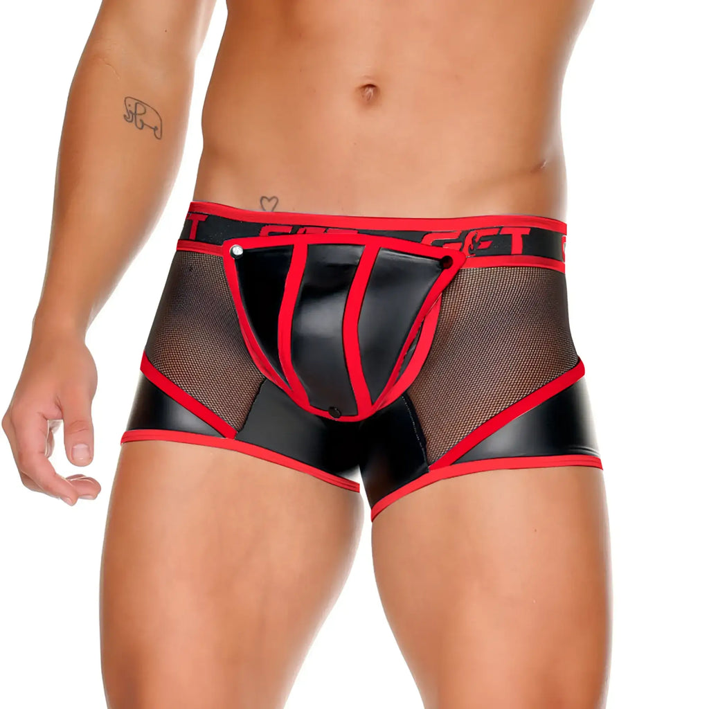 Gigo fetish red trunk black and red latex-trimmed mesh briefs with a bold edgy design