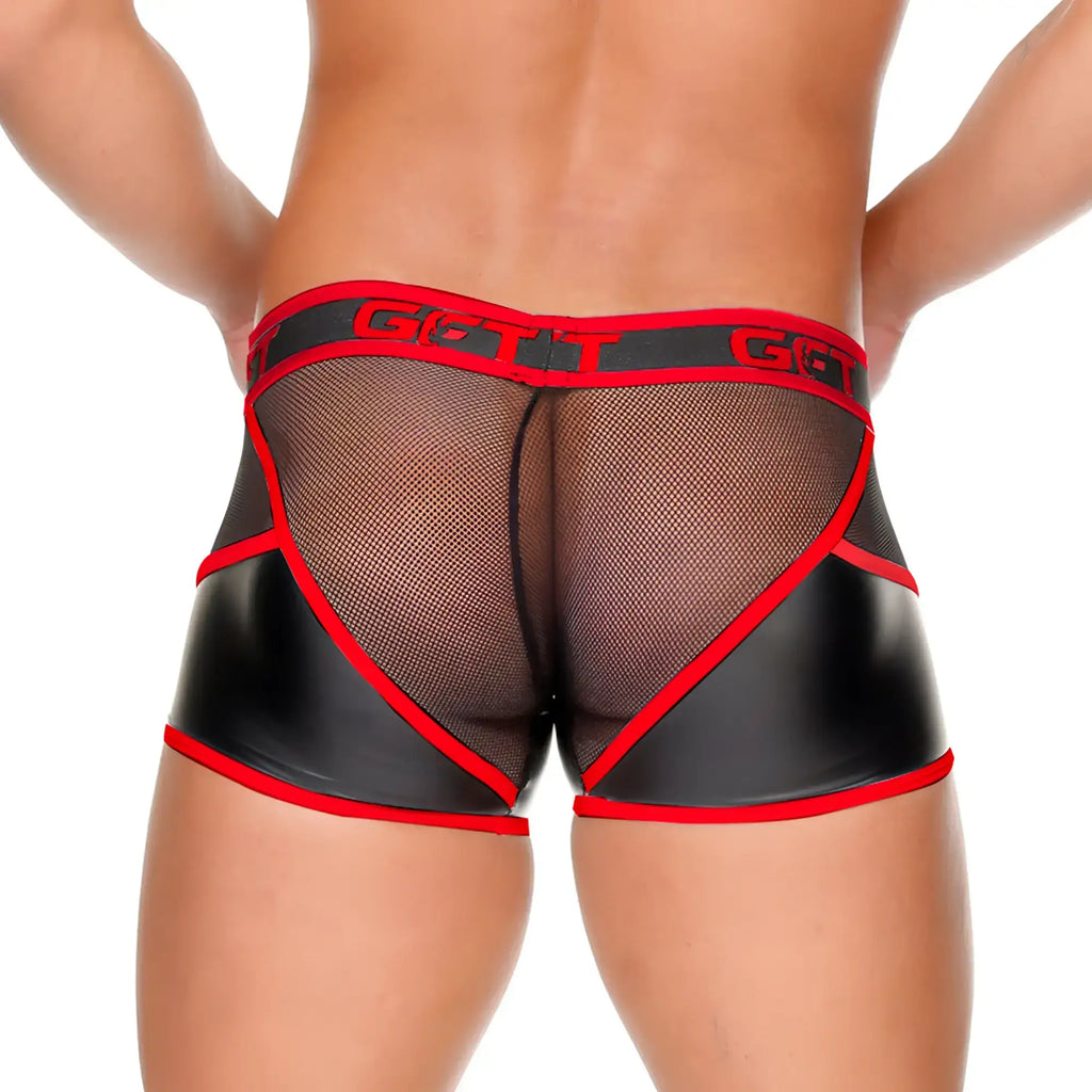 Black and red mesh briefs with glossy finish and bold got it waistband branding from gigo fetish red trunk collection