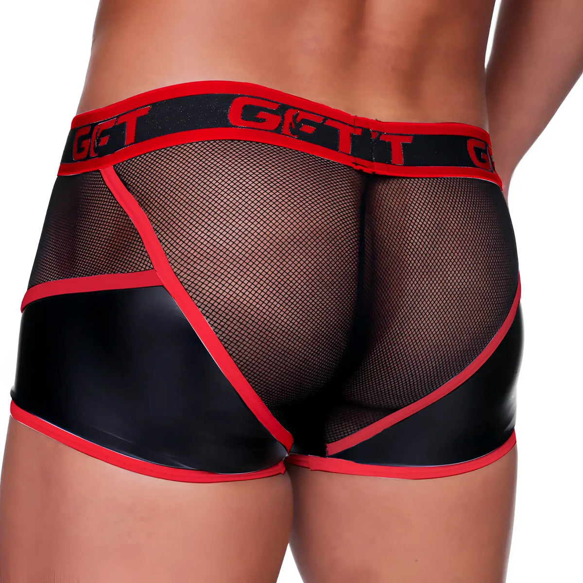 Black and red mesh briefs with shiny faux leather panel design in gigo fetish red trunk style