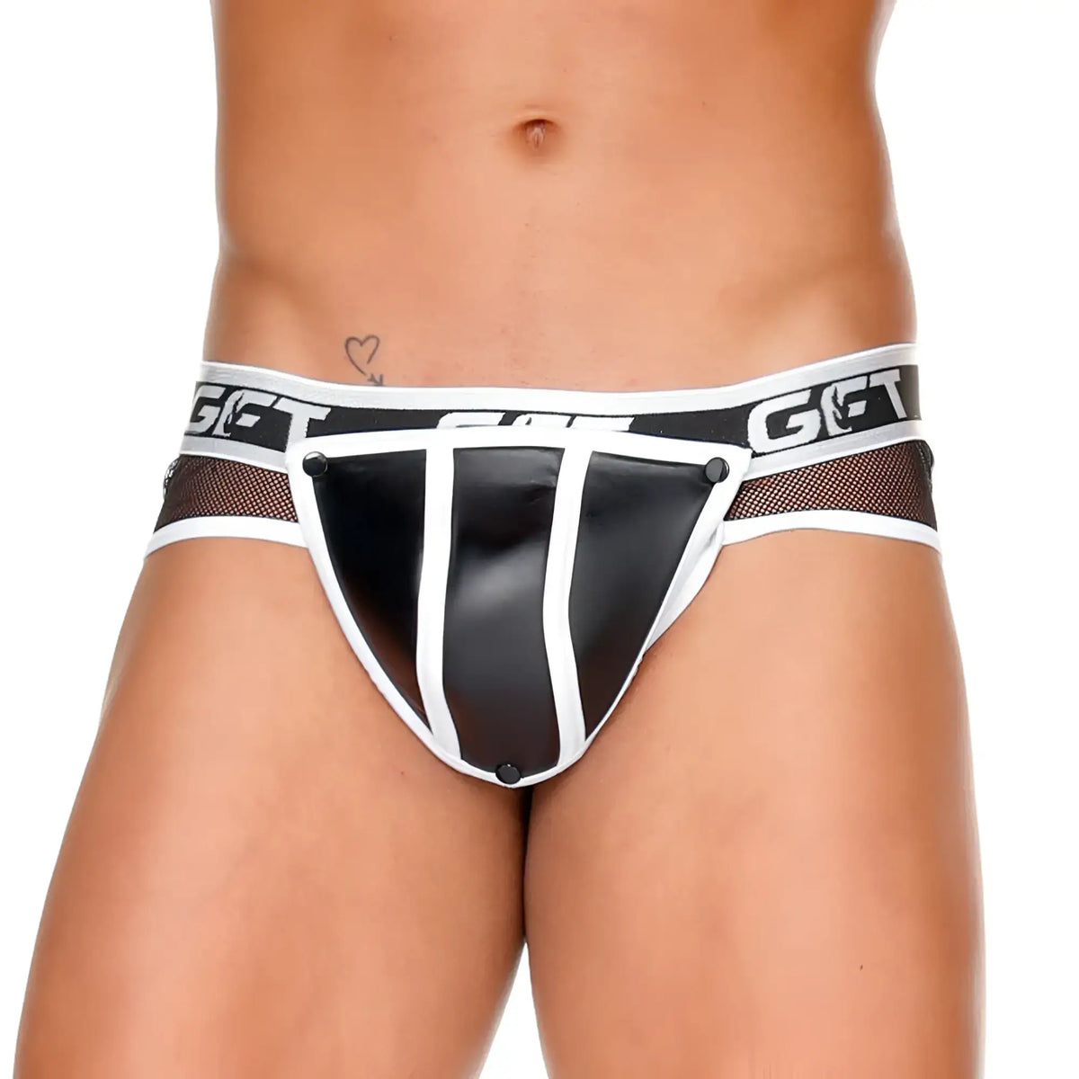 Black and white faux leather briefs with mesh side panels and bold gft logo on waistband gigo fetish white brief