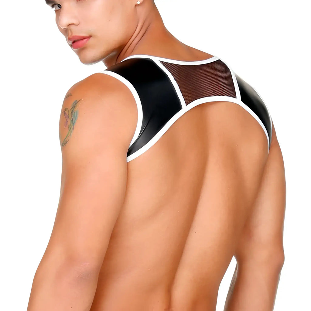 Gigo fetish white harness black and white mesh and latex shoulder top with glossy finish front view