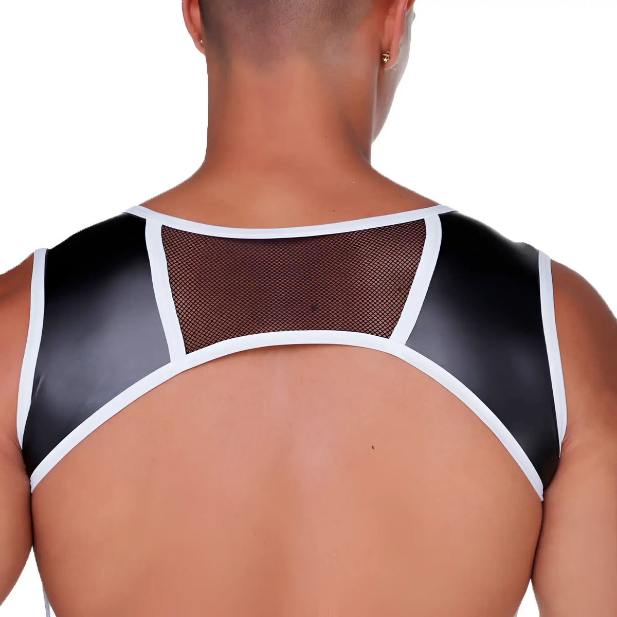 Black and white mesh-backed top with glossy black panels from gigo fetish white harness collection