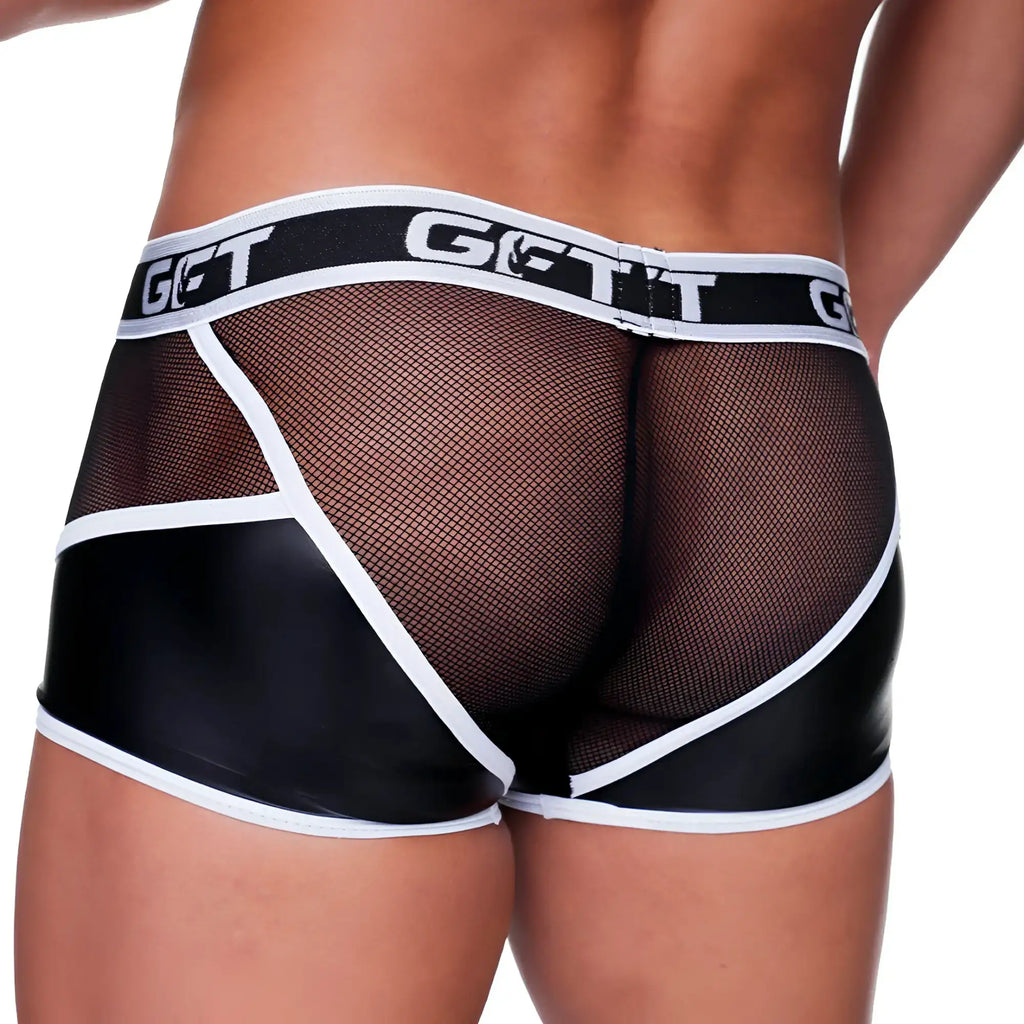 Black and white mesh briefs with a glossy black front panel and get it logo waistband from gigo fetish white trunk