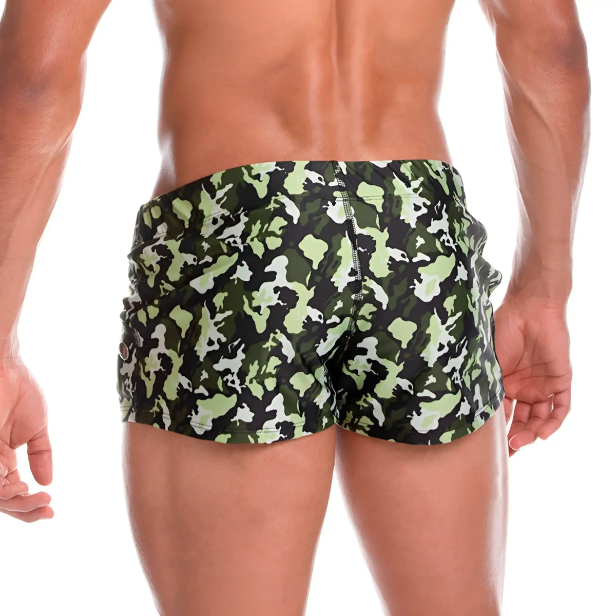 Green and white camouflage patterned swim trunks from gigo fighter beachwear designed for beach and pool use
