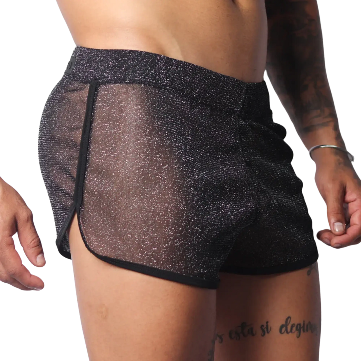 Sheer black glittery mesh shorts with a slim athletic fit and solid black trim edging.