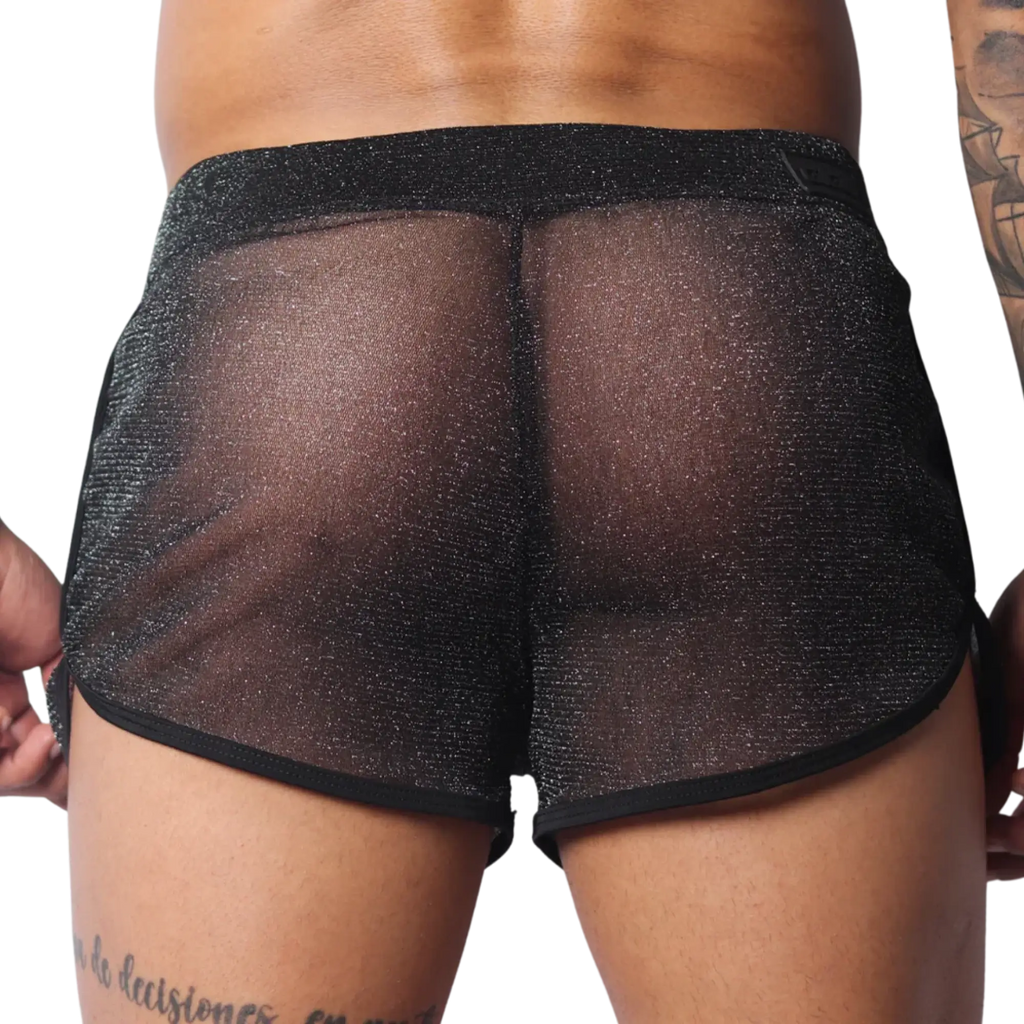 Sheer black athletic short with a subtle metallic shimmer, featuring a wide waistband and black trim.