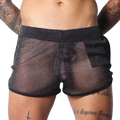 Sheer black metallic glitter shorts with a comfortable elastic waistband and black hem trim.