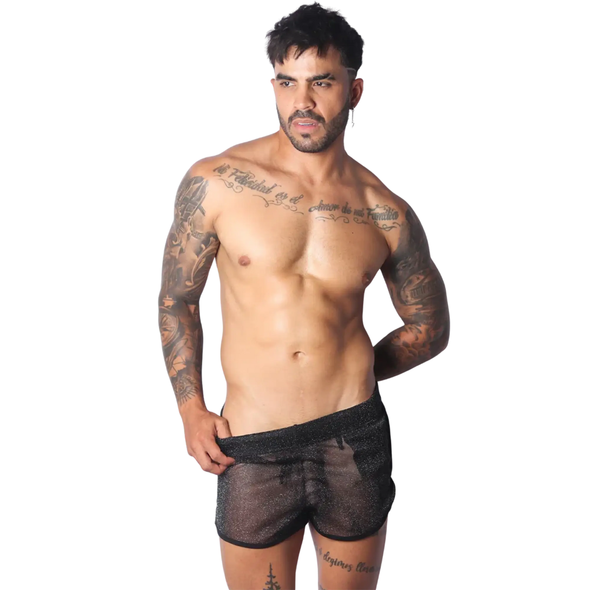 Sheer, black glittery short shorts with a fitted, athletic style.