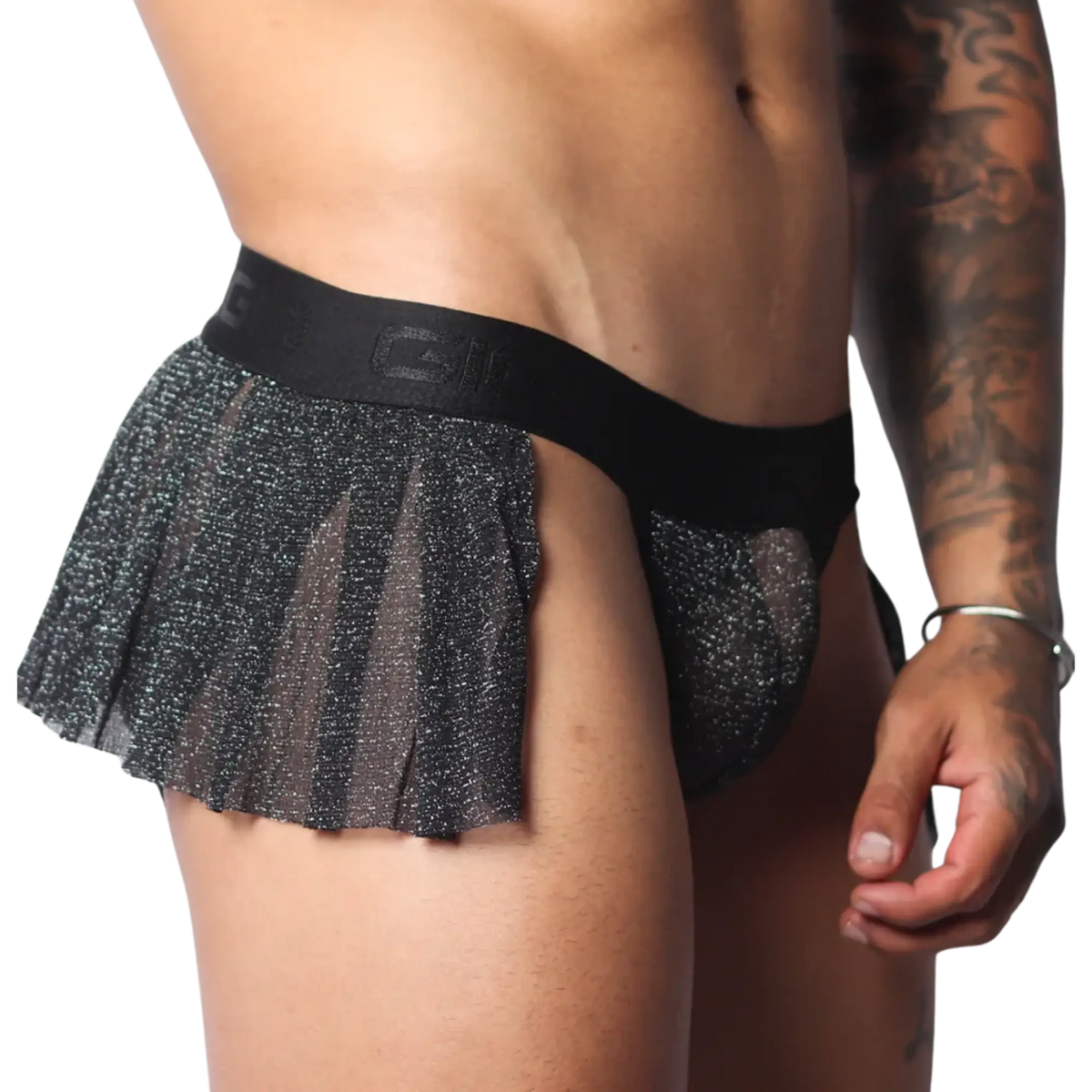 Black glittery sheer pleated mini skirt with a branded elastic waistband on a Gigo jockstrap base.