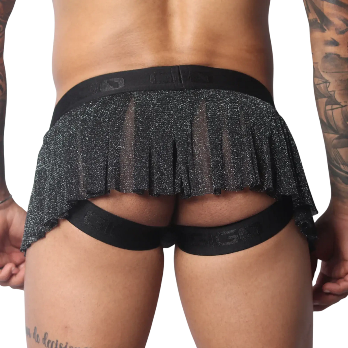 Black metallic pleated mini skirt with an open back, featuring a branded elastic waistband and leg straps.