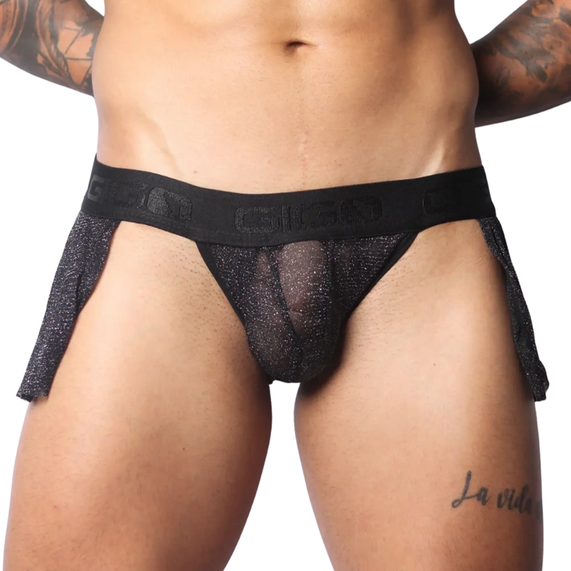 Black metallic shimmer mesh Gigo skirt with a wide branded elastic waistband and open sides.