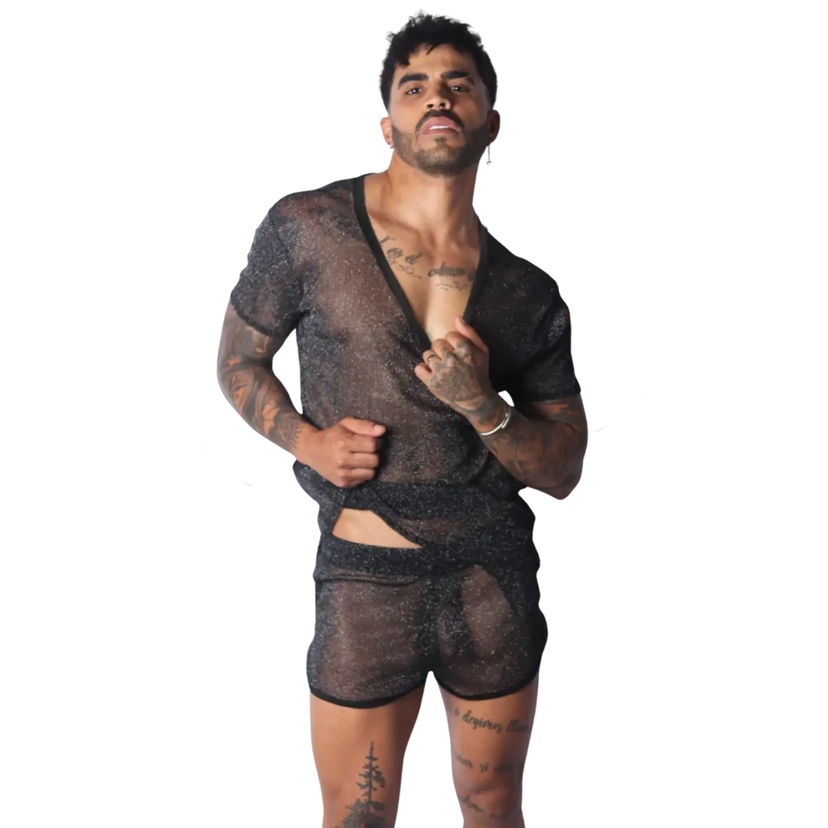 Black sheer, mesh-style short-sleeve T-shirt with a deep V-neck and subtle glittery, textured finish.