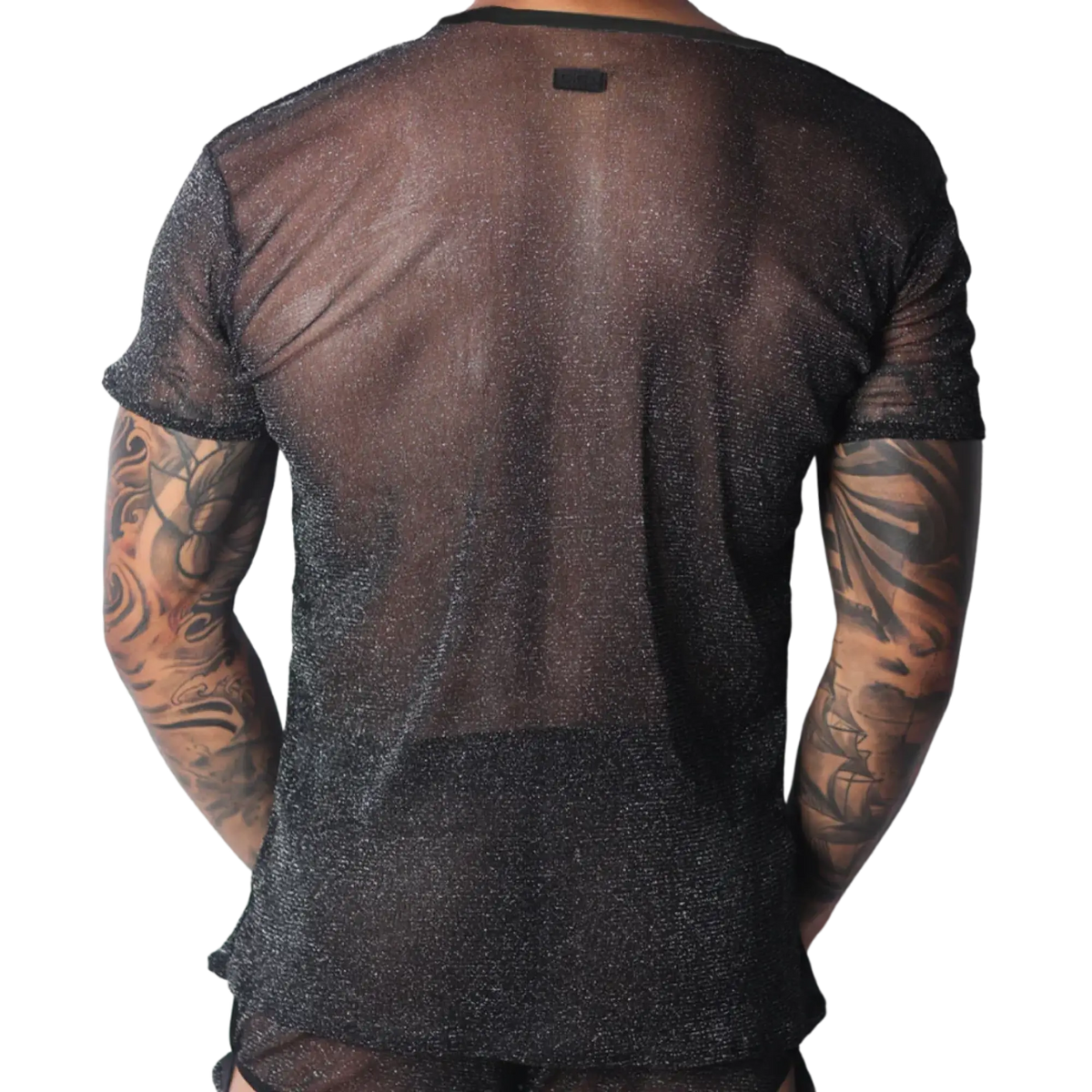 Black semi-sheer, metallic short-sleeve T-shirt with a lightweight, glittery knit texture.