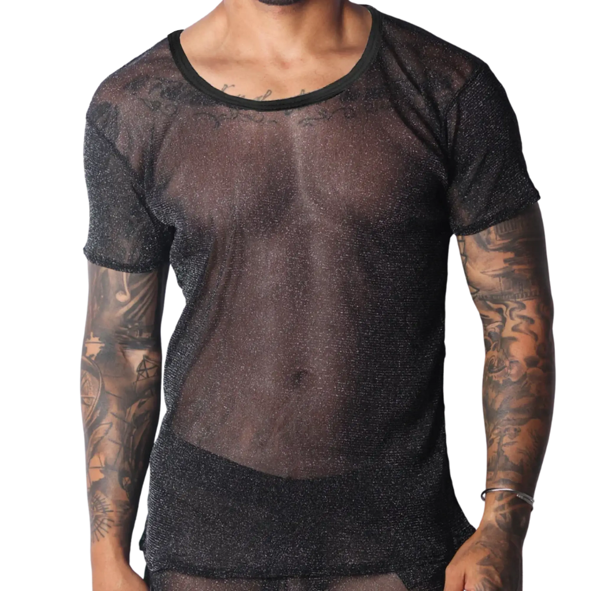 Black sheer scoop-neck T-shirt in a shimmering, fine-knit metallic fabric.