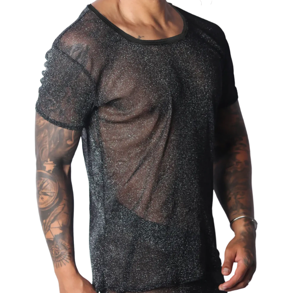 Black sheer scoop-neck T-shirt with a metallic shimmer, lightweight semi-transparent knit fabric.