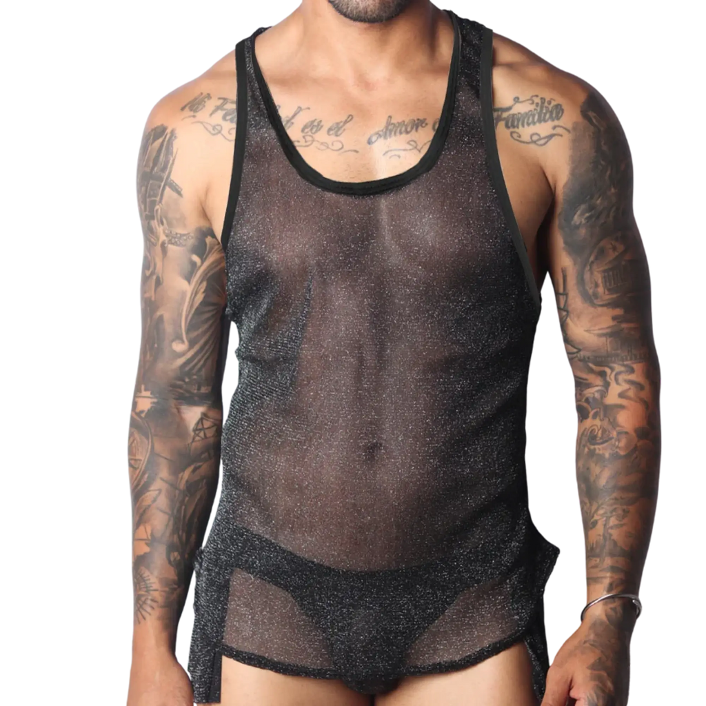 Black semi-sheer mesh tank top with a subtle glitter finish and solid black trim, worn over matching briefs.
