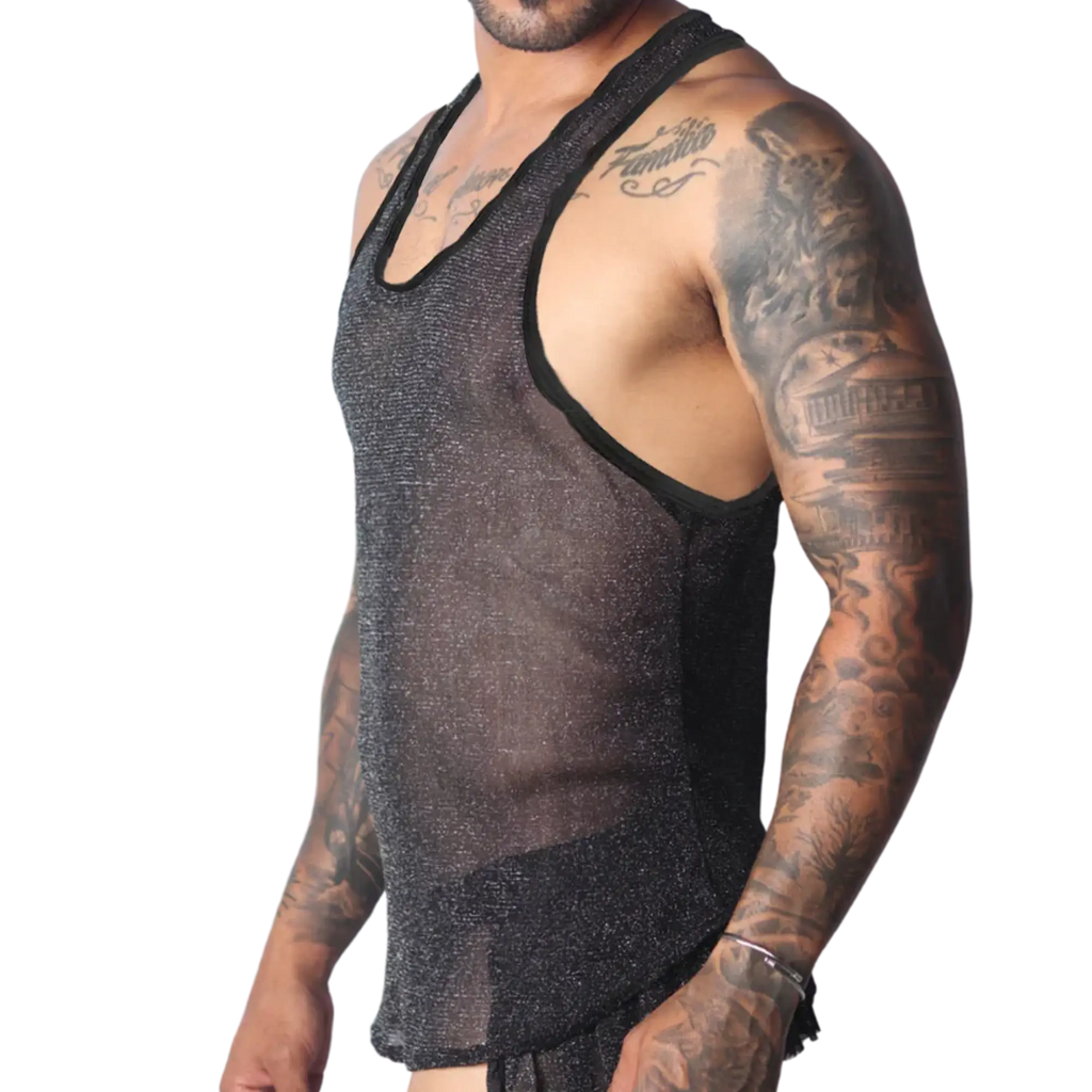 Sheer black racerback tank top in a lightweight, sparkling metallic knit fabric with solid black trim.