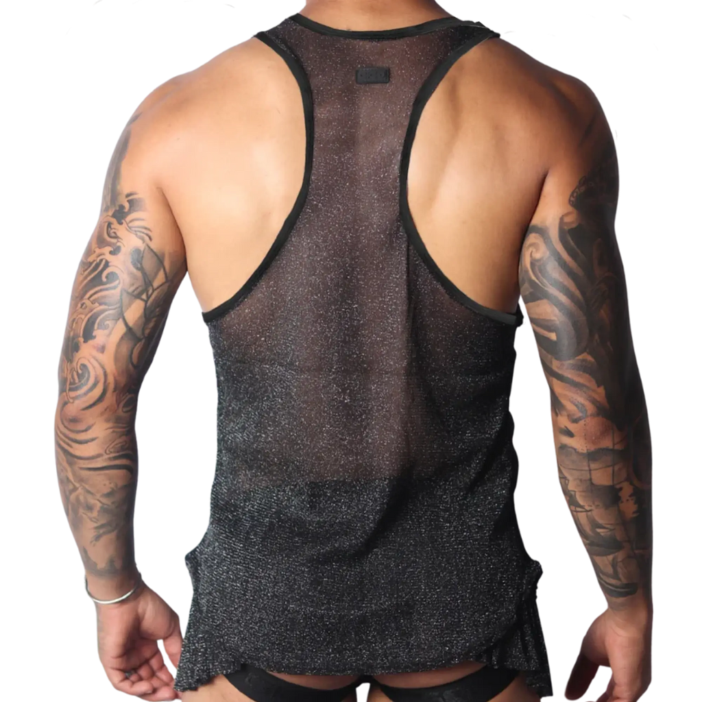 Black racerback tank top in semi-sheer, shimmery metallic mesh fabric with black trim.