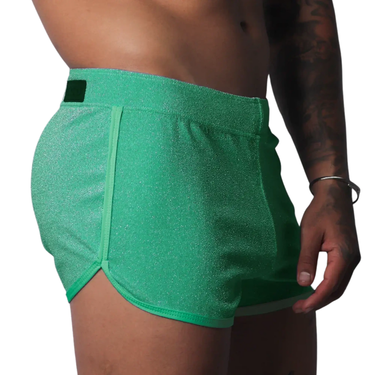 Gigo Flash green short with a shimmery fabric finish, side piping, and a branded waist tab.