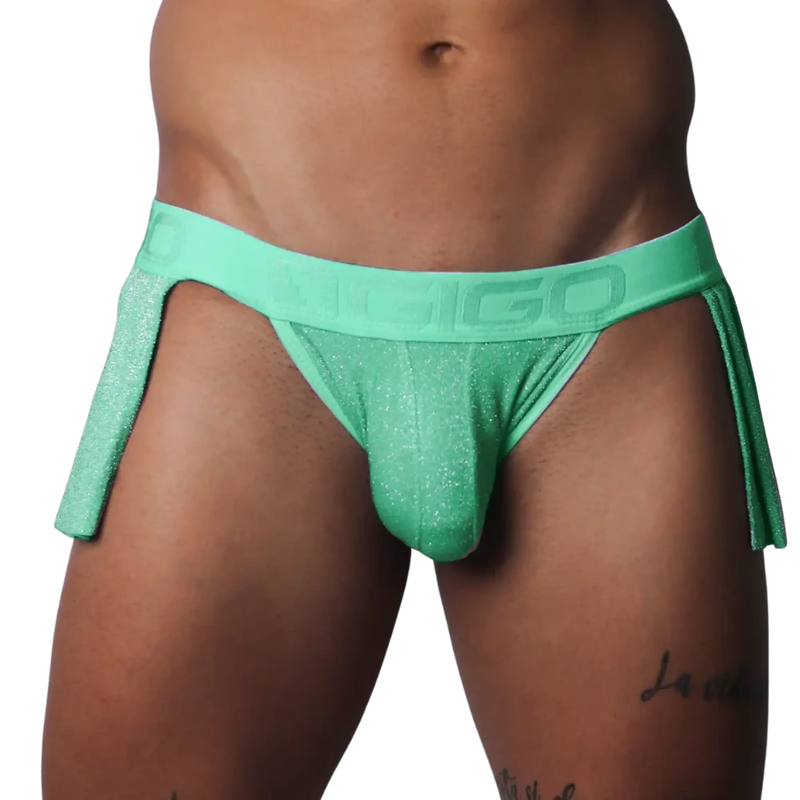 Flash green glittery athletic jockstrap with a branded waistband and detached side skirt panels.