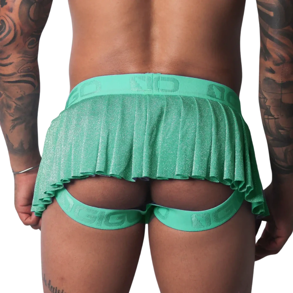 Flash green, glittery pleated miniskirt with a branded elastic waistband and open-back jockstrap design.