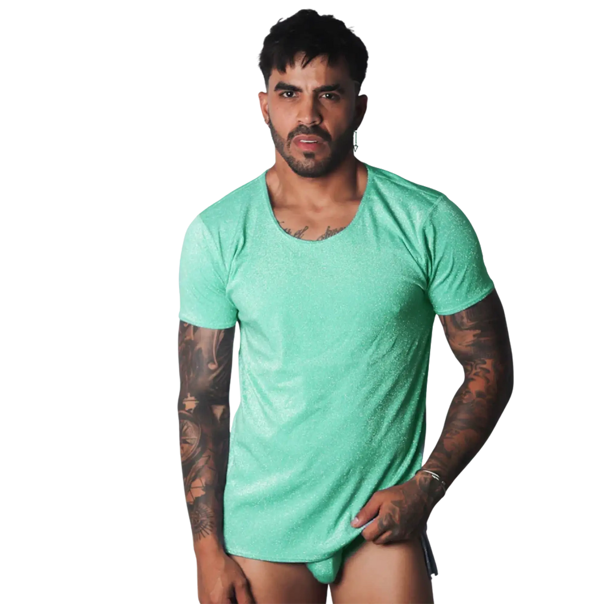 Flash green short-sleeve t-shirt with a subtle sparkling finish and a wide, rounded scoop neckline.