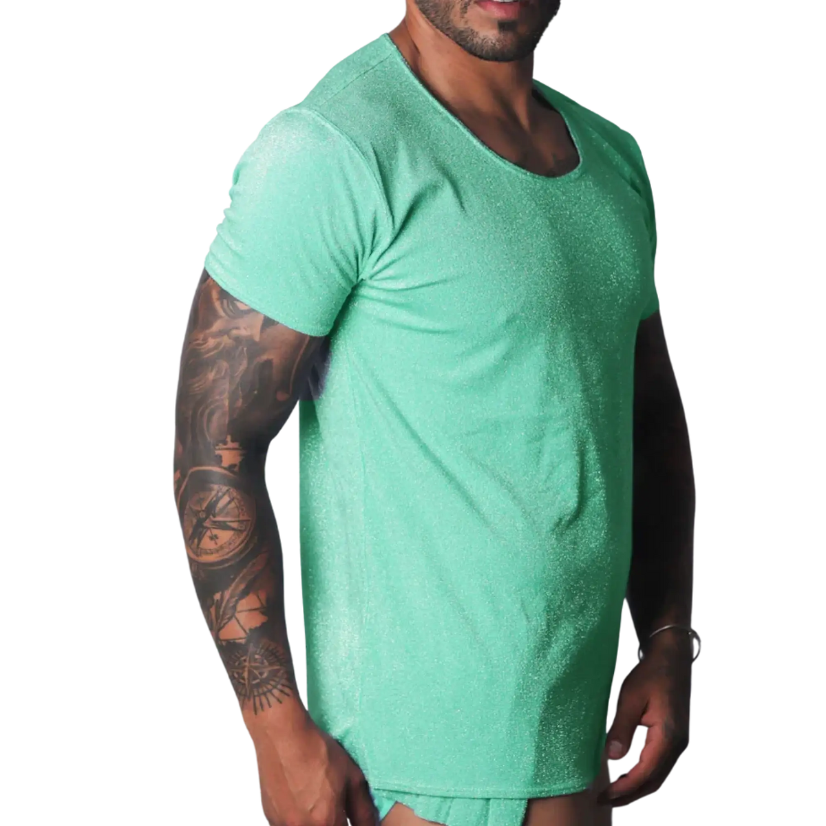 Flash green scoop-neck t-shirt with a metallic, shimmering finish worn by a tattooed man.