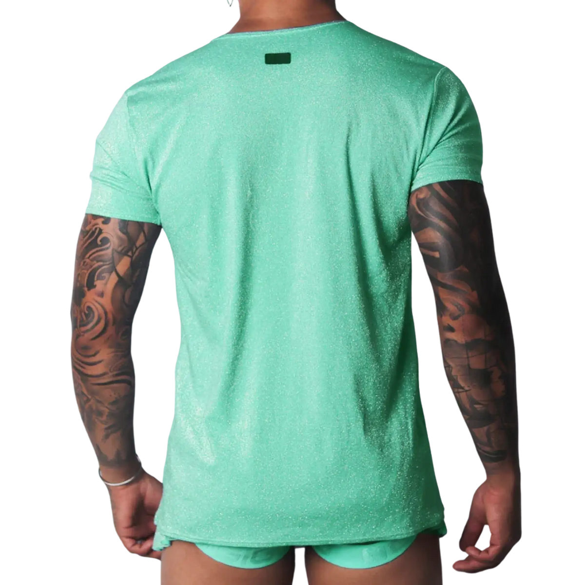 Shimmering flash green short-sleeve t-shirt with a slim fit and small rectangular logo patch on the upper back.