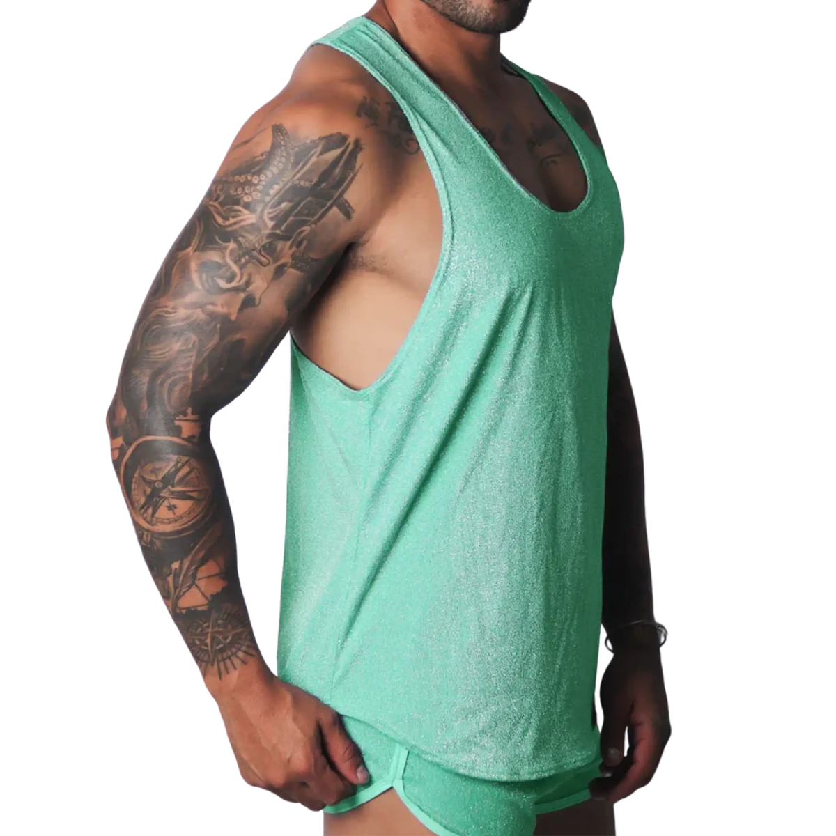 Flash green, metallic-finish racerback tank top with deep-cut armholes, worn by a muscular man.