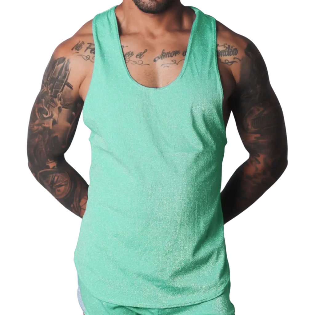 Flash green scoop neck tank top in a shimmering, textured material.