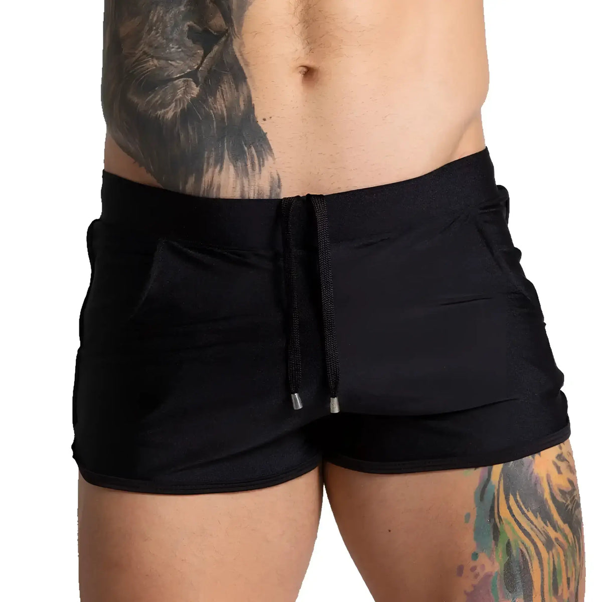 Black athletic shorts gigo flashing beachwear with drawstring waistband and side pockets for comfortable wear