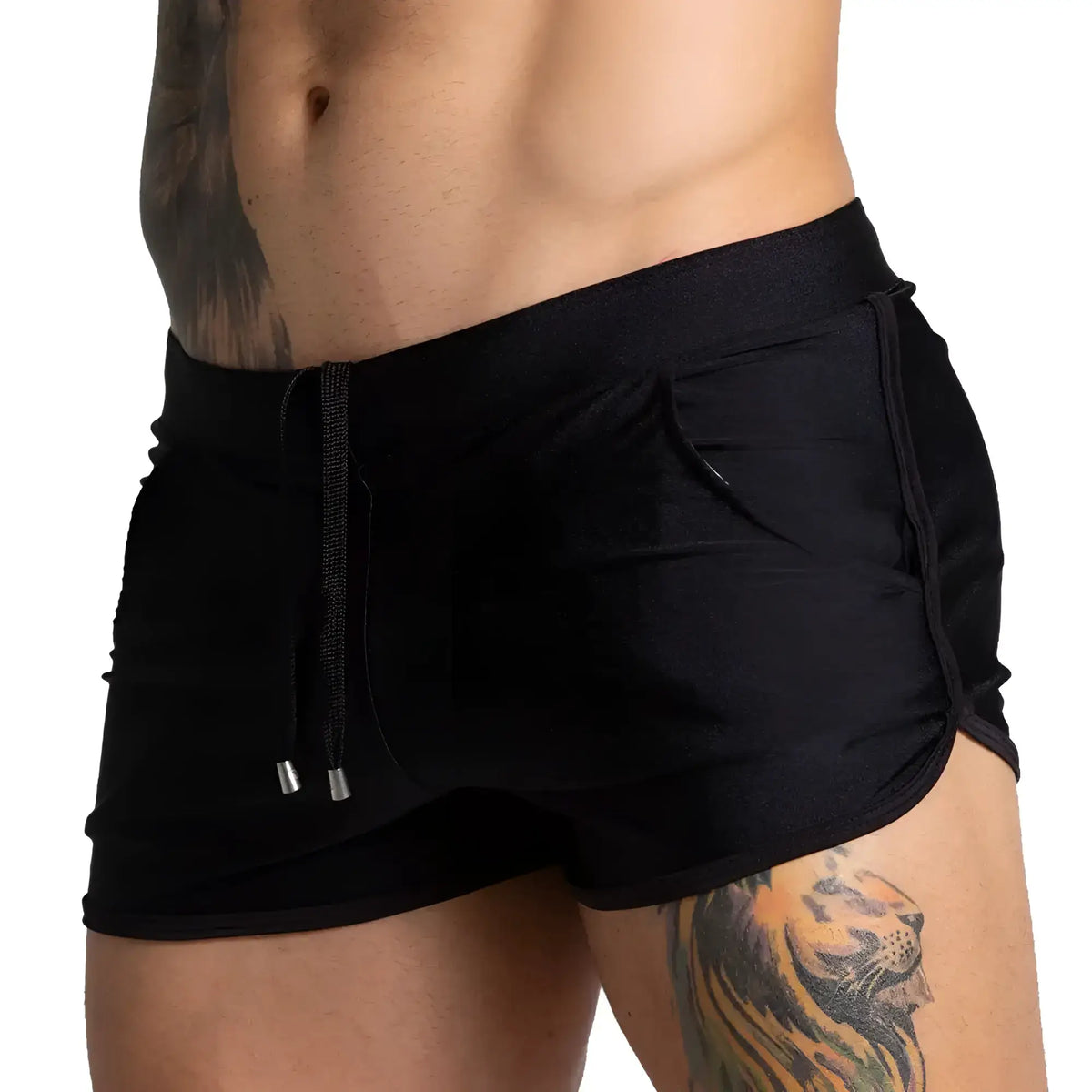Gigo flashing black beachwear athletic shorts with drawstring waistband side pockets and subtle stitching details