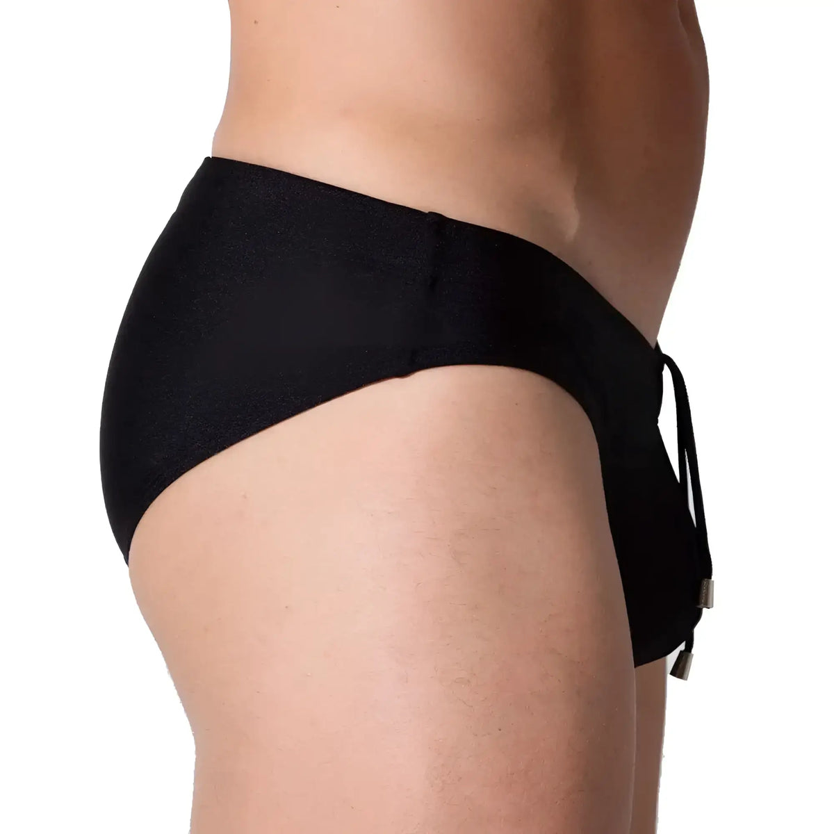 Black gigo flashing swim brief with textured fabric and side drawstring for secure fit