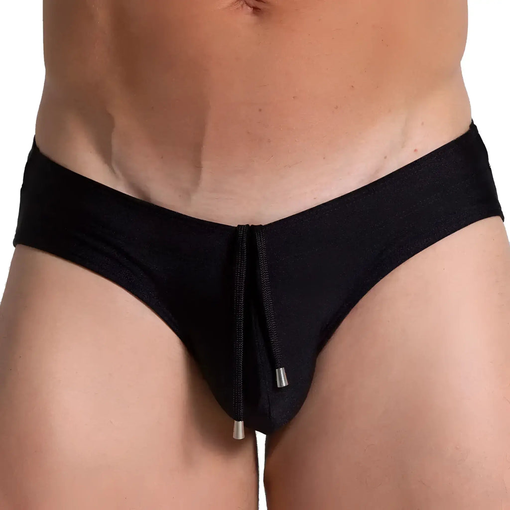 Gigo flashing black swim brief featuring black swim trunks with a drawstring waistband and metallic aglets