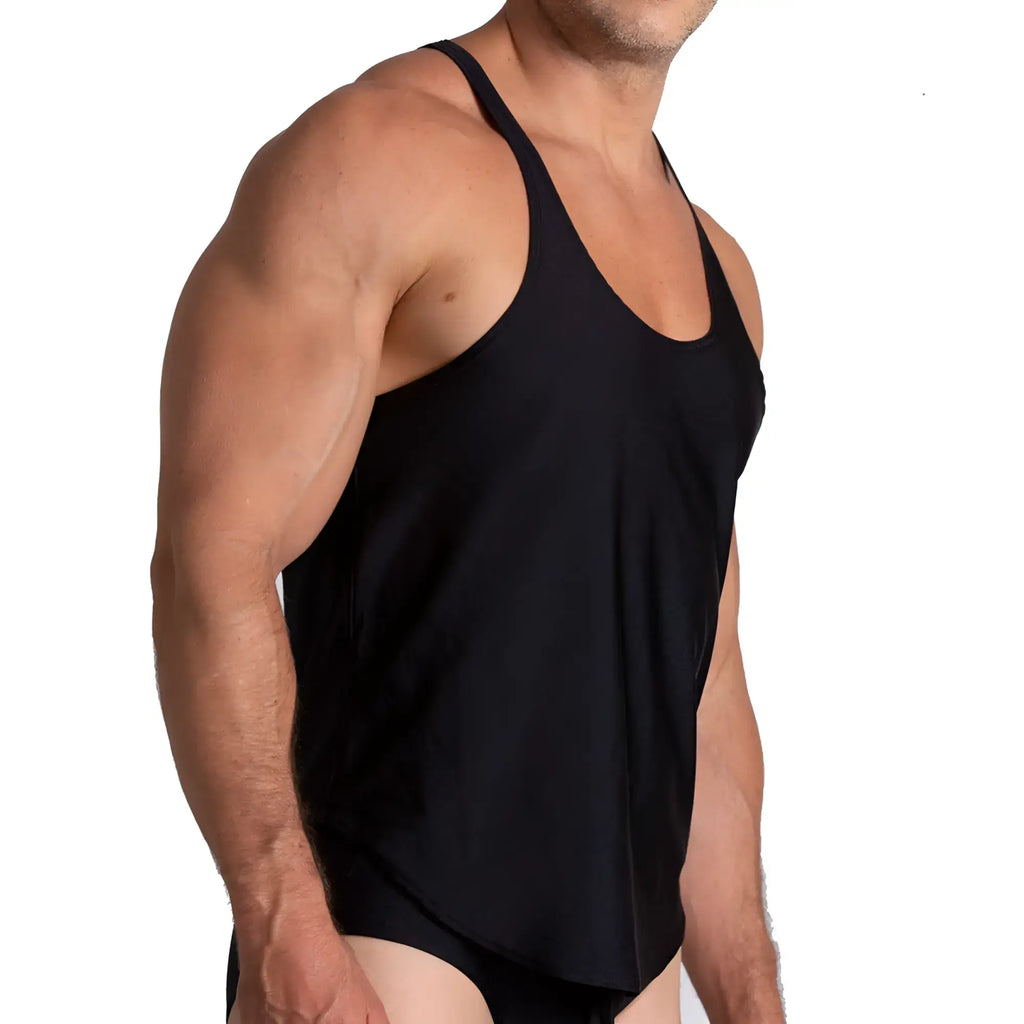 Black gigo flashing tank top with thin straps and scoop neckline made from breathable fabric for active wear