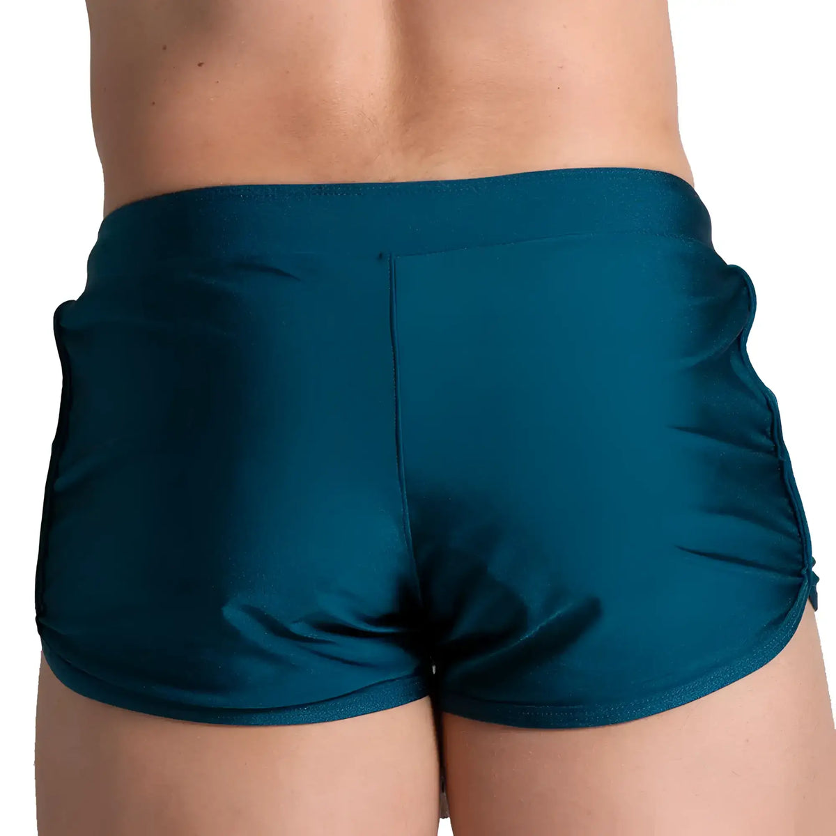 Teal shiny fabric shorts with fitted waistband and side seam detailing from gigo flashing green beachwear collection