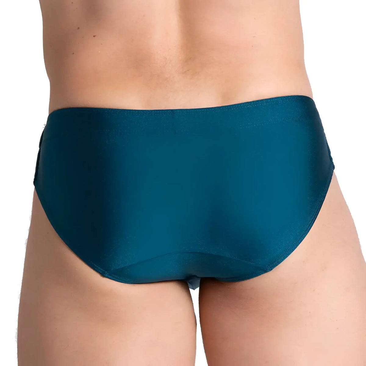 Teal satin gigo flashing green swim brief with smooth glossy finish showing front side of swimwear