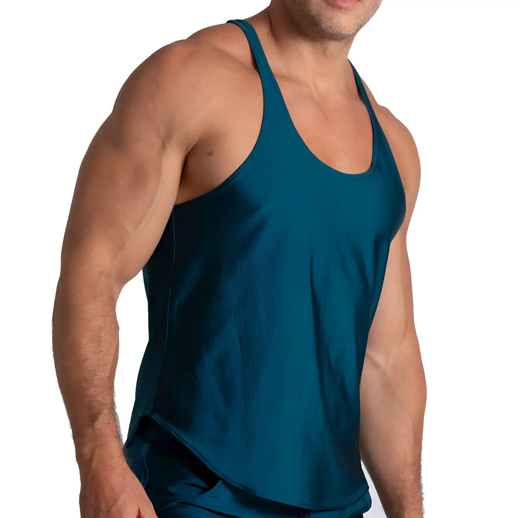 Teal sleeveless athletic tank top with scoop neckline and thin straps from gigo flashing green tank collection