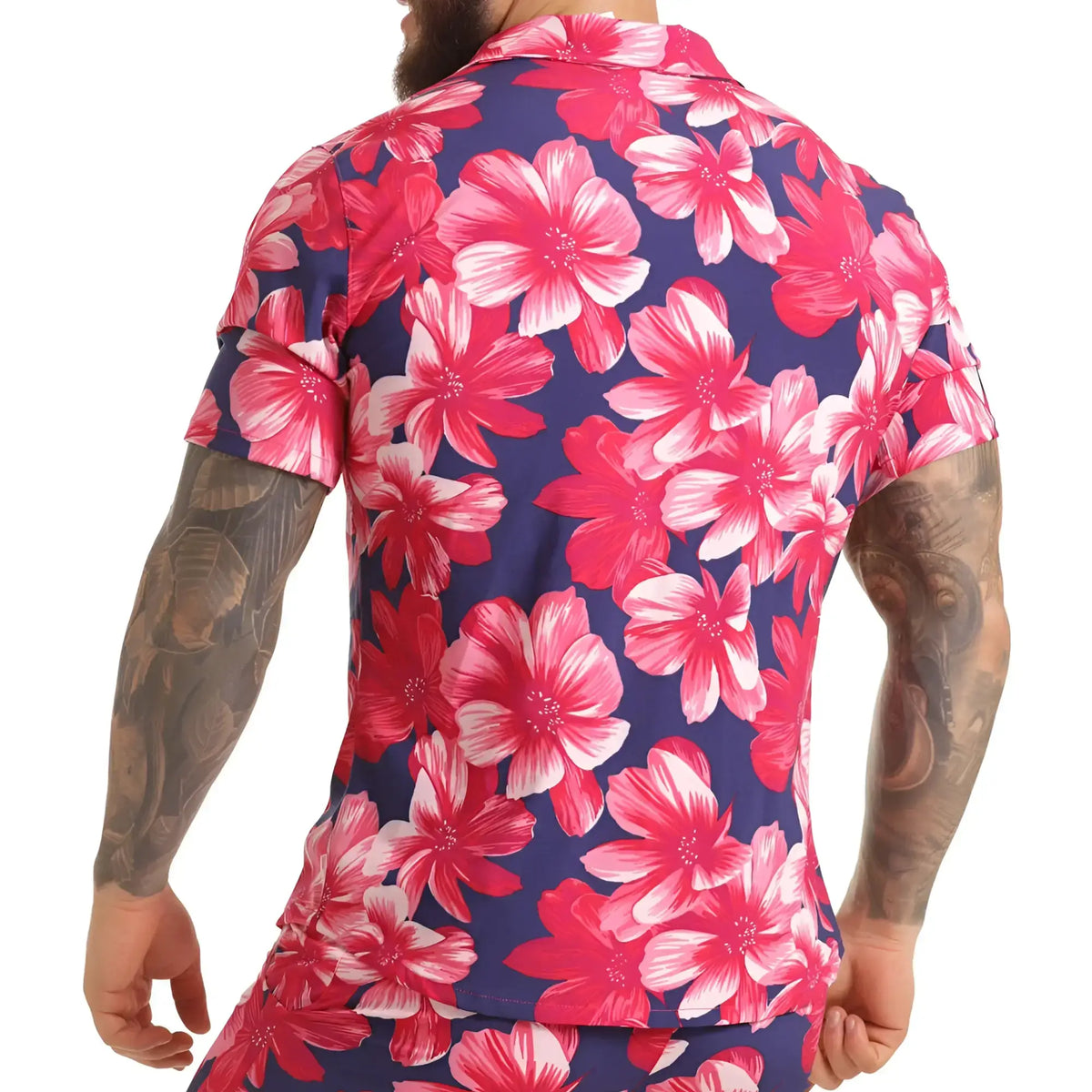 Gigo Flowers fucshia navy blue short-sleeved hawaiian shirt with vibrant pink and white hibiscus floral print