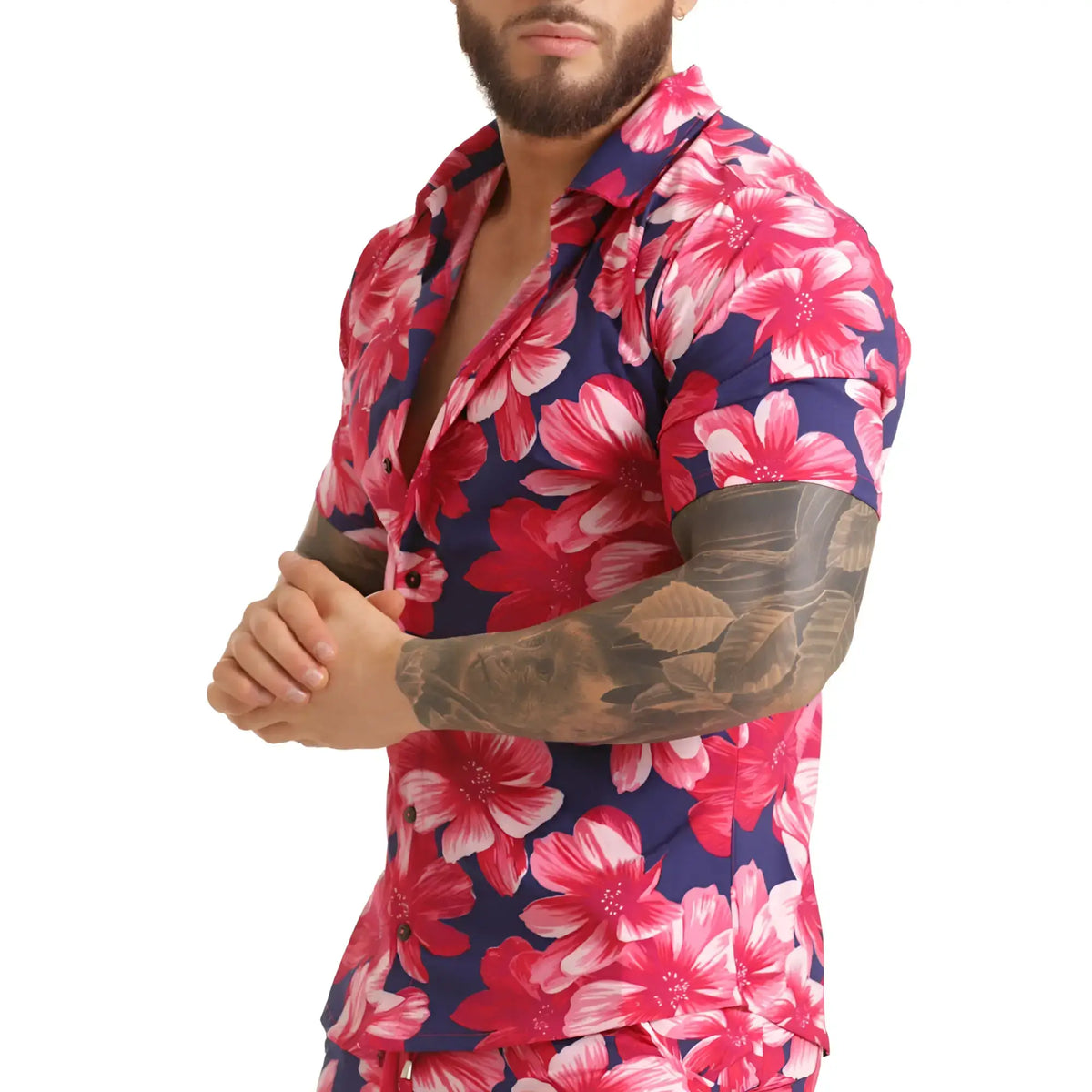 Gigo flowers fucshia shirt navy blue short-sleeved button-up with vibrant pink and white hibiscus flowers