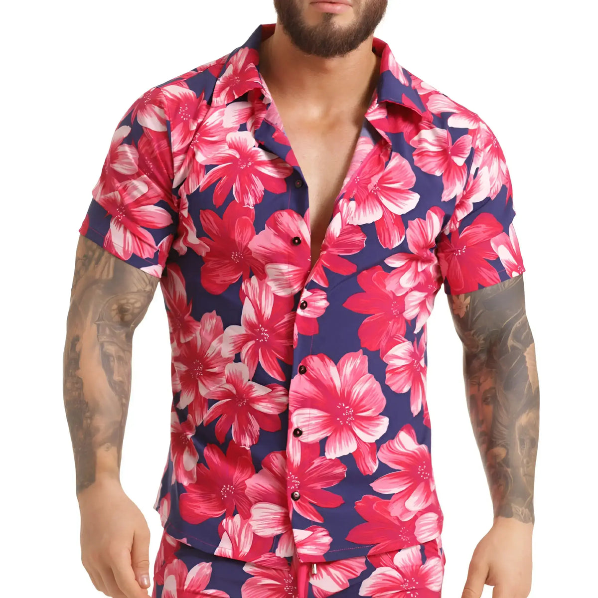 Gigo Flowers Fuchsia shirt with vibrant pink and white hibiscus blooms on a deep navy blue short-sleeved button-up design