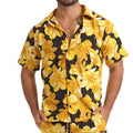 Gigo Flowers yellow shirt is a vibrant yellow floral print short-sleeved button-up shirt with a black base