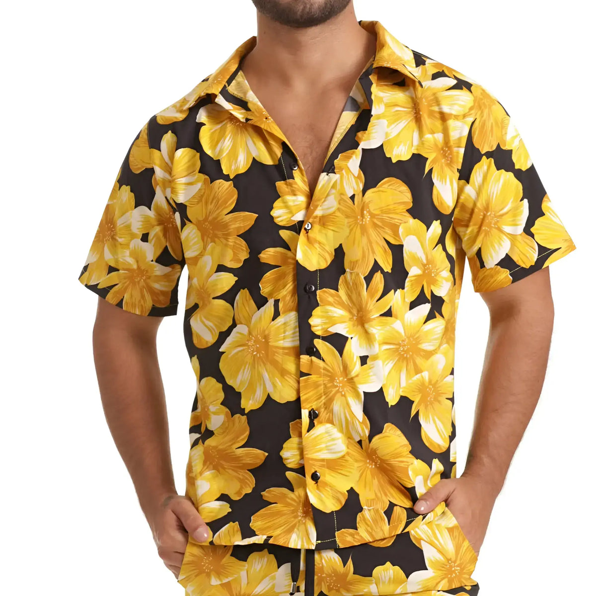 Gigo Flowers yellow shirt is a vibrant yellow floral print short-sleeved button-up shirt with a black base