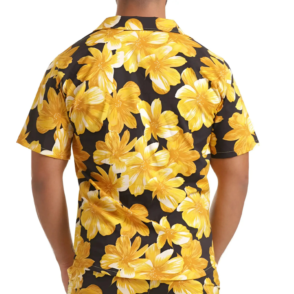 Gigo Flowers yellow shirt with vibrant yellow floral pattern on black base short-sleeved casual shirt